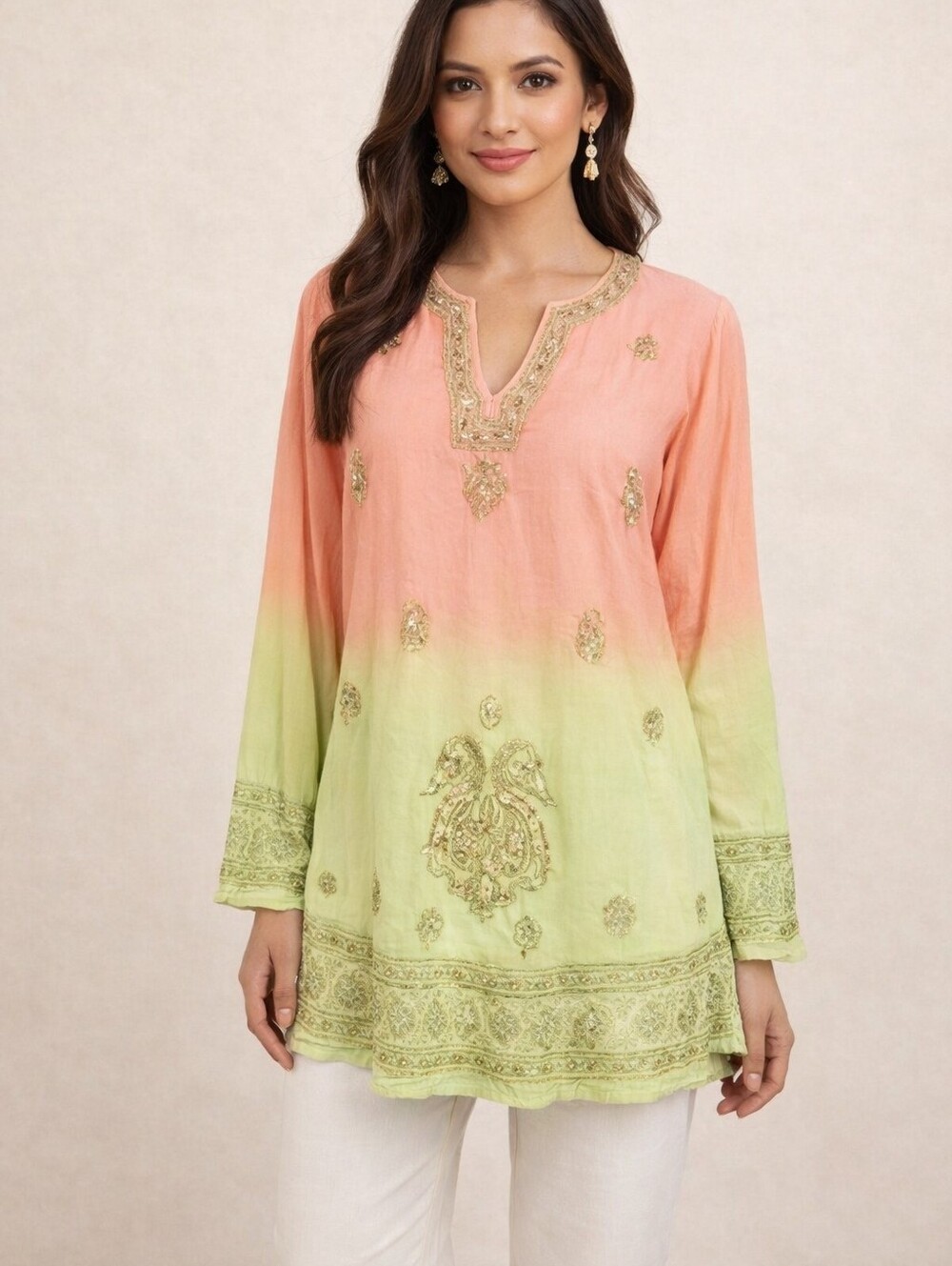 Bohemian Beach and Green Embroidered sequin  Women's Top tunic